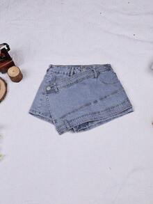 Rave Street Wrap Stretch Asymmetrical A-Line Patch Pocket Back Skinny Cargo Denim Mini Skort - Light Wash - View 4