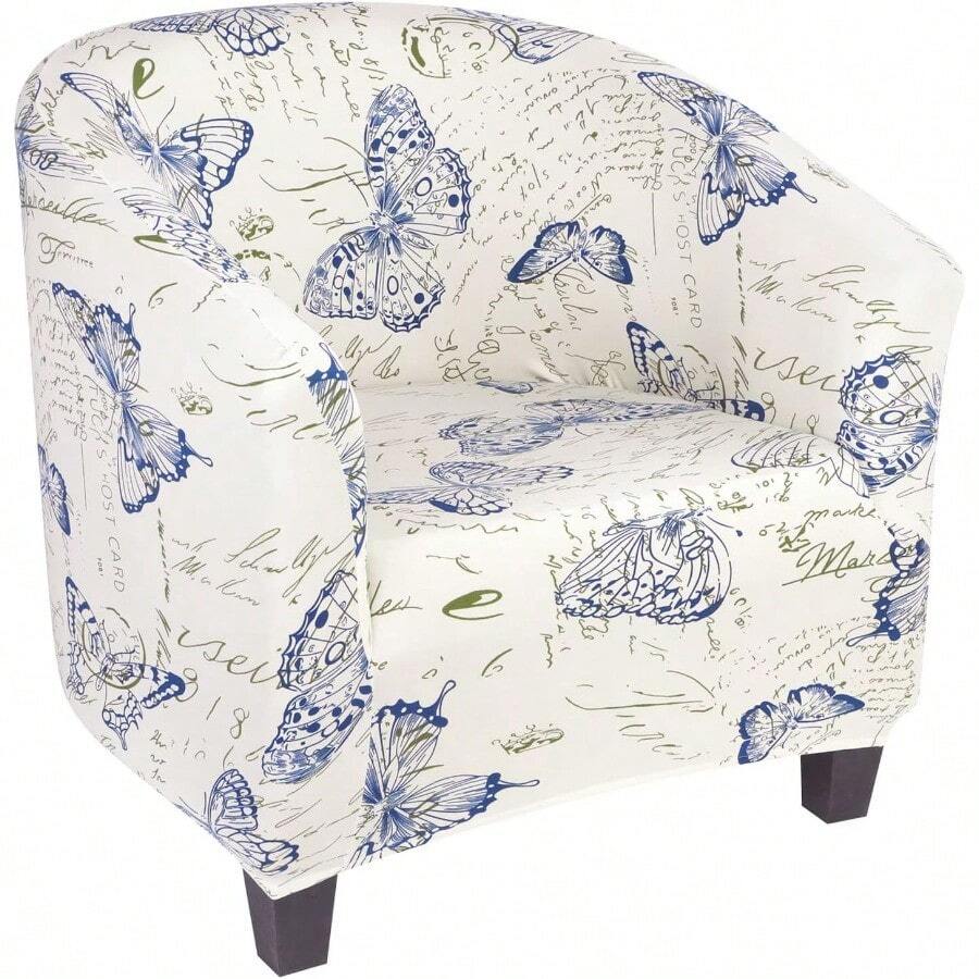 YQQ Club Chair Slipcover Stretch Barrel Chair Covers Printed Tub Chair Slipcovers Spandex Armchair Sofa Cover Removable Couch Furniture Protector Arm Chair Cover For Living Room Beige Butterfly1269 - 米色蝴蝶 - 查看 1
