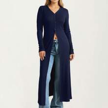 Women's Long Sleeve Maxi Cardigan With Button Front And Deep Side Slit - 藏蓝色 - 查看 1