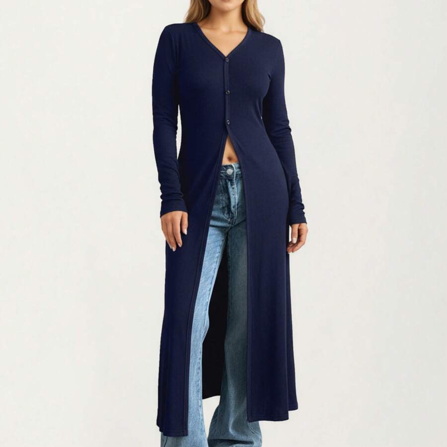 Women's Long Sleeve Maxi Cardigan With Button Front And Deep Side Slit - 藏蓝色 - 查看 1