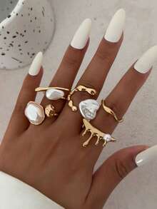 5件套复洛克风格仿珍珠不对称镂空珍珠叠戴戒指套装，优雅时尚女士首饰 - 金黃色 - 查看 13