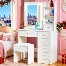 Large LED Dressing Table MakeUp Desk LED Sliding Mirror Drawers Stool Vanity Set - White - View 4