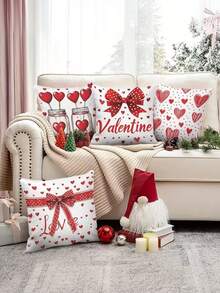 情人节四件套抱枕套 - 17.7x17.7 英寸，浪漫心形蝴蝶结设计，红白装饰抱枕套，适用于家居、办公室和客厅（不含枕芯），浪漫家居装饰|心形图案设计|拉链封口 - 紅白色 - 查看 4