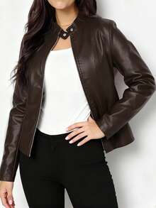 Women's Fashionable Casual Solid Color Long Sleeve Motorcycle Style Zipper PU Leather Jacket, Suitable For Spring, Autumn And Winter