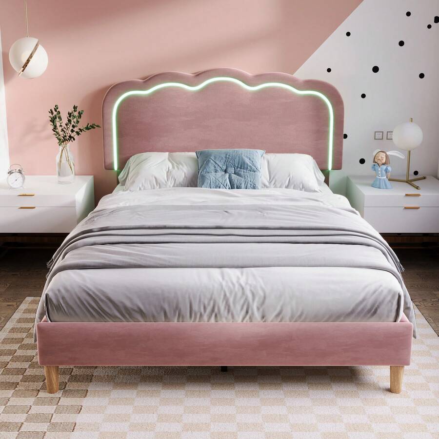 Upholstered Bed With LED Lighting, Single Bed 90 X 200cm, Bed Frame With Slatted Base And Adjustable Headboard, Upholstered Bed In Pink, Bed Frame For Youth Bed In Bedroom Or Guest Room - Velvet - Pink - View 1