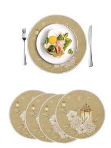 1件/4件/6件装斋月圆形涤纶餐垫，月亮烛台花卉装饰餐垫，斋月防污餐垫，适用于家庭、餐厅、餐馆，桌面装饰，家居用品