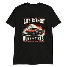 Camiseta unisex de manga corta con frase "Quema los neumáticos" y "Burnout Car" - Negro - Ver 1