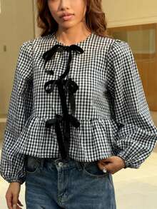 Plus Size Women's Round Neck Plaid Floral Bow Decor Lantern Sleeve Cute Shirt, Casual Campus Style For Spring - Black and White - View 4