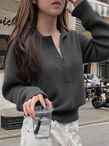 DAZY Women's Solid Color Round Neck Button Front Drop Shoulder Long Sleeve Loose Casual Pullover Sweatshirt, Autumn/Winter - Light Grey - View 3
