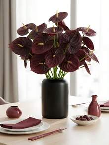 8Pcs Single Branch 24inch Artificial Anthurium Flowers Real Touch Simulation Flower For Wedding Bridal Engagement Decor, Fake Flower For Dining Table Flowers Centerpiece Arrangement, Home Office Aesthetic Room Decor - 酒紅色 - 查看 1