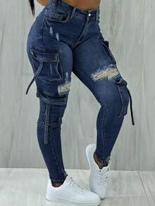 Denim de Brim Forrado com Forro Quente Estilo Y2K - Design Curto de Streetwear com Múltiplos Bolsos com Abas