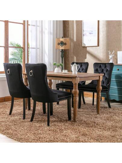 Moderne Dining Chairs, Premium Plush Solid Wood, Contemporary Fluwelen Upholstered Chairs Studded Head Set Of 2, Beige, Black, Grijs Available. view 3