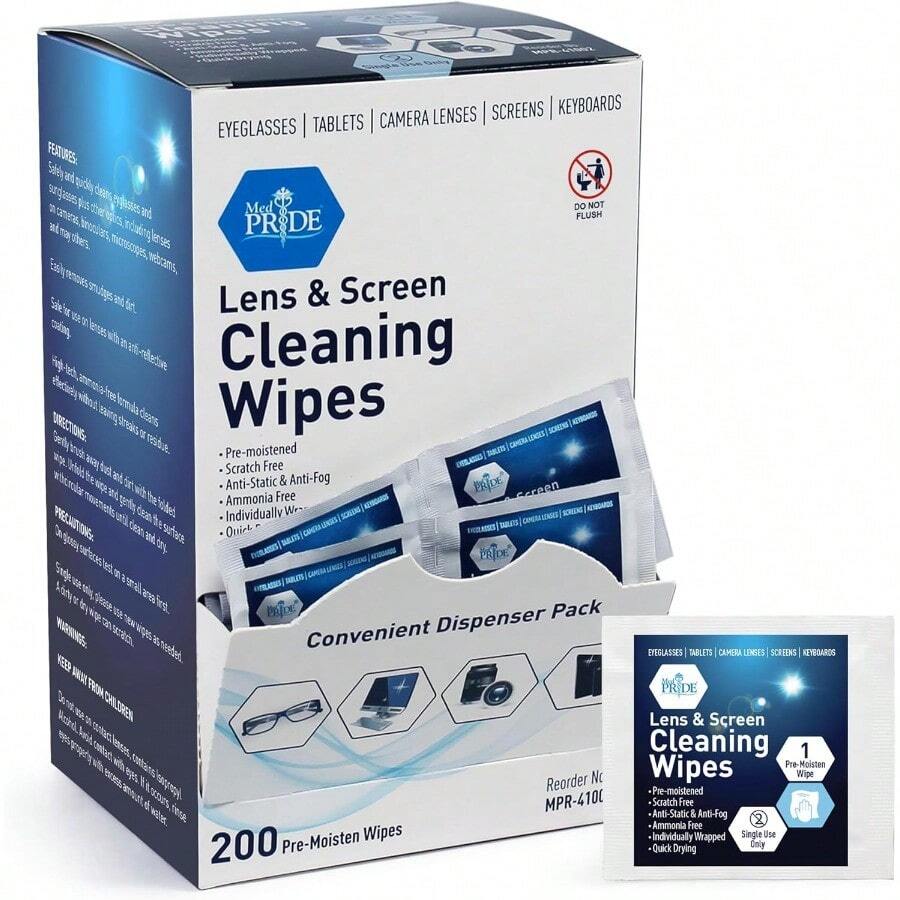 AWYYMED PRIDE Anti-Fog Lens And Screen Cleaning Wipes For Eyeglasses Touch Screens Premoistened Anti-Static Quick-Dry 200 200 Count (Pack Of 1 ) - 200 - Xem 1