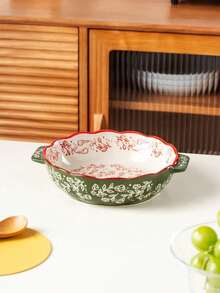 Vintage Floral Handpainted Round Ceramic Baking Dish With Handle, Kitchen Cookware Serving Plate For Salad, Pasta, Grilling, Baking, Pizza, Oven & Microwave , Suitable For Home Or Restaurant, Daily Use And Holidays - Green - View 6