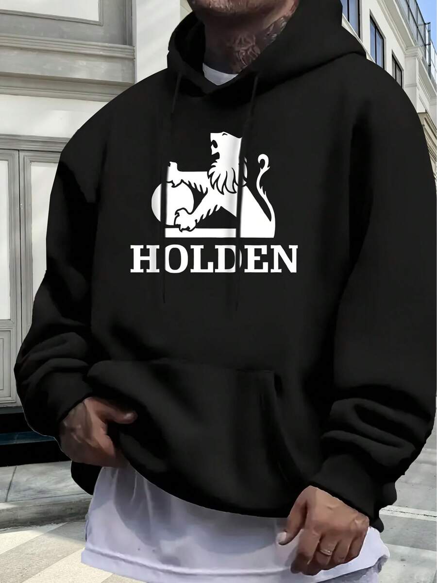 Men's Casual Hoodie, Lion Pattern - Black, With "HOLDEN" Print, Long Sleeve, Comfortable For Autumn And Winter, Everyday Pullover|Bold Print Hoodie|Soft Textured Fabric, Hoodie - 淺灰色 - 查看 1