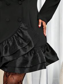 BIUBIU Plus Size Women's Elegant Party Cocktail Dress, Sexy Lapel Collar Long Sleeve Cinched Waist Layered Solid Color Mini Dress, Autumn/Winter Black Spring - Black - View 7