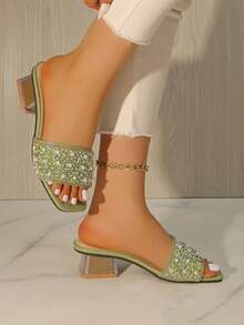 Plus Size High Heel Mules Women Thick Heel Faux Pearl Rhinestone High Heels Fashionable Strap Slide Sandals Open Toe High Heel Sandals - Green - View 5