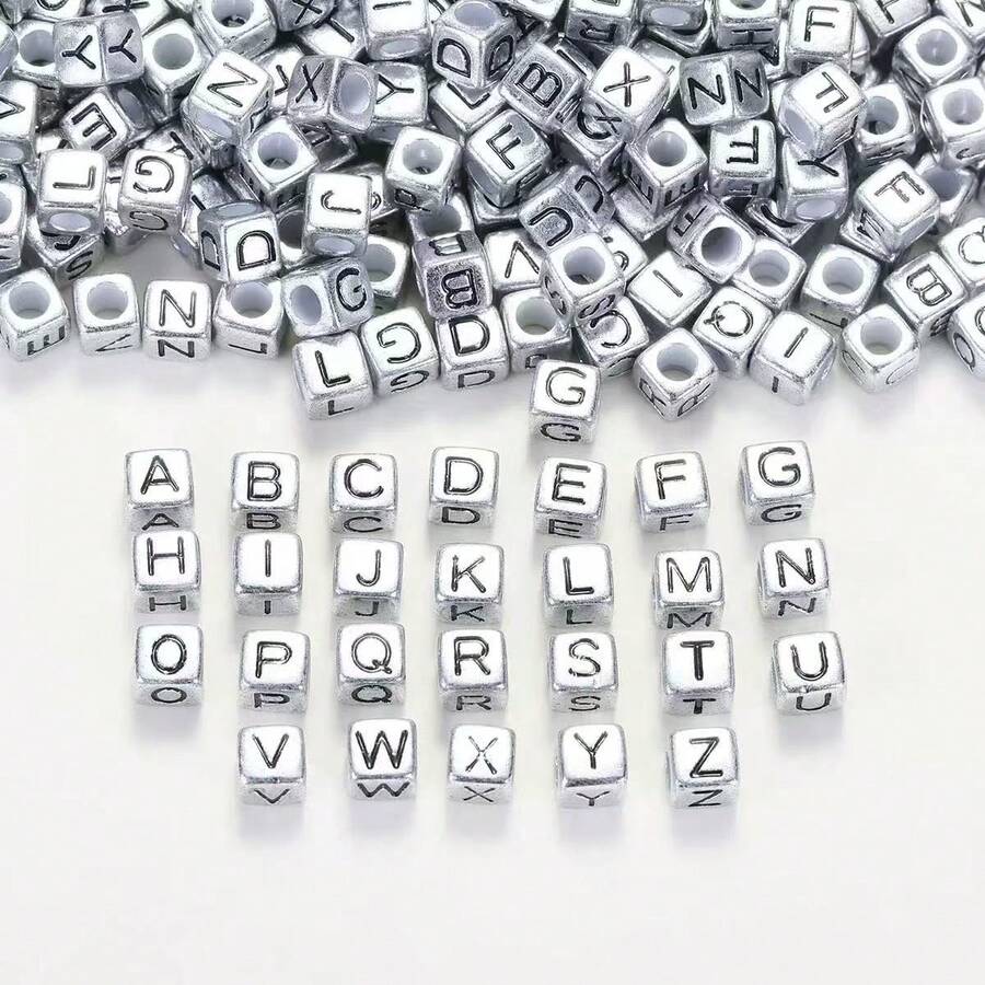 50/100pcs Silver Acrylic Cube Letter Beads For DIY Jewelry Making, Suitable For Gifts To Friends - Silver Letters - View 1