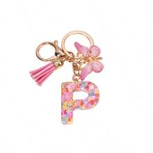 1pc New Pink Sequin 26 Letter Epoxy Butterfly Tassel Metal Keychain Wholesale Bag Charm Jewelry Gift - Pink - View 2