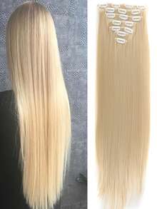 24Inch 16 Clips In Hair Extensions Long Straight Hairstyle Synthetic Blonde Black Hairpieces Heat Resistant False Hair Daily Use - Multicolor - View 2