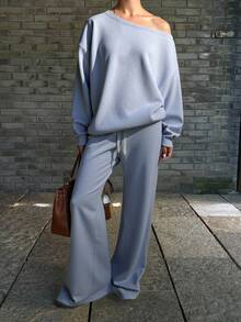 Livesso Women Oblique Shoulder Long Sleeve Sweatshirt & High Waist Drawstring Wide Leg Casual Pants Two Pieces Set, Early Autumn,Fall Women Clothes Lounge Sets For Women - Grey - View 3
