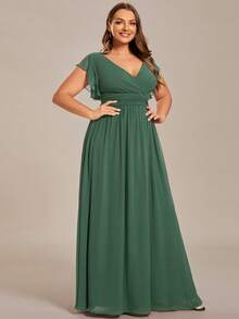 EVERPRETTY V-Neck Solid High Waist Pleated Green Bridesmaid Dress, Suitable For Spring/Summer Weddings, Parties, Graduations - Green - View 4