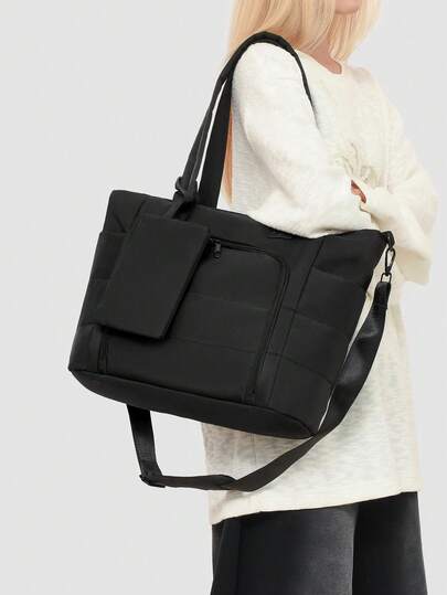 1pc Black Oxford Casual Minimalist Quilted Padded Shoulder Bag, Comfortable Strap, Multi-Pocket, Zipper, Large Capacity, Foldable, Water-Resistant, Suitable For Women, Autumn/Winter Work, Daily, Commute, Social, Business, Shopping, Holds Phone, Wallet, Lipstick, Keys, Tissue, Pouch, Fashion Item