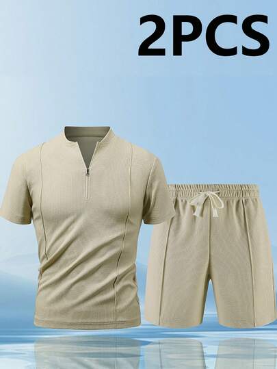2pcs Men's Short Sleeve Shorts Set, Waffle Fabric Durable - Fashionable Half Zip Design + Drawstring Waist, Suitable For Outdoor Sports, Running Exercise, Casual Outings