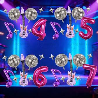 9 st Idol Hunter Musik Tjejgrupp Gitarr Disco Glänsande Ball Dekorativa Ballonger, Inkluderar 5-tums Stjärna, Discokula, Noter, Gitarr, Fuchsia Nummer, Lämplig För Konsertdekor, Födelsedagsfest, Babyshower, Idolgruppdekor, Fotorekvisita, Ballongdekor, Överraskningspresent Till Son/Dotter