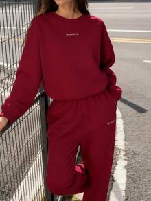 Women's Solid Color Sports Sweatshirt Set - Casual Long-Sleeved Pullover And Jogger Pants Two-Piece Sportswear - 紅色 - 查看 4