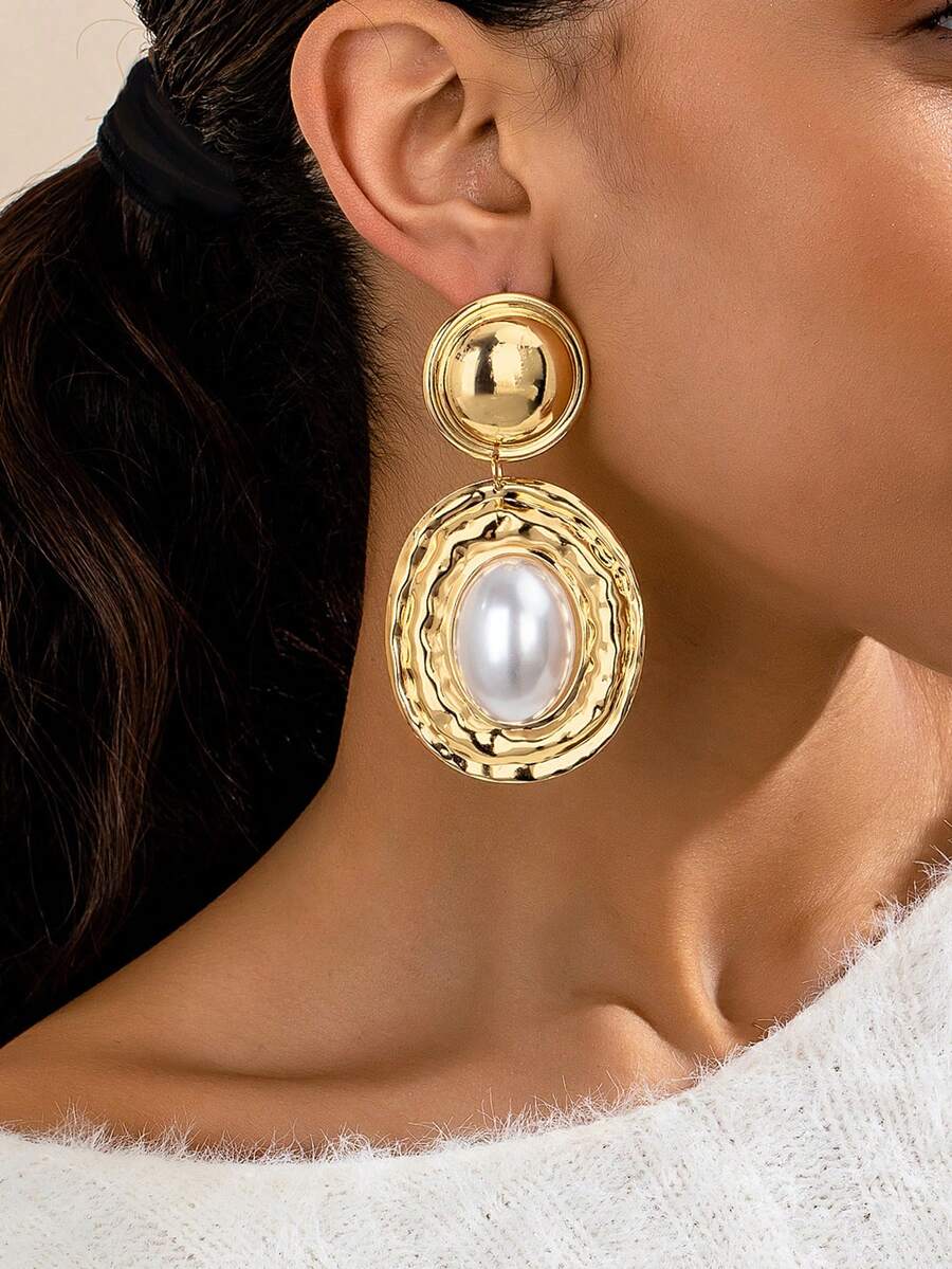 一对几何纹理椭圆形镶嵌椭圆形珍珠吊坠耳环，复古优雅女士耳环 - 金黃色 - 查看 1