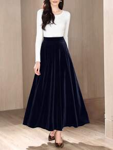 女士优雅丝绒A字裙，秋冬款 - 藏蓝色 - 查看 2