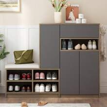 Shoe Bench And Shoe Rack, Shoe Bench, Multifunctional Shoe Rack With Padded Seat, Versatile Shoe Storage Solution With Adjustable Shelves For The Hallway, Gray, W 140/D 35/H 110 Cm - 灰色 - 查看 3