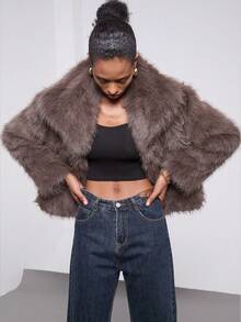 Women's Fashion Casual Faux Fur Collar Long Sleeve Coat - Coffee Brown - View 5