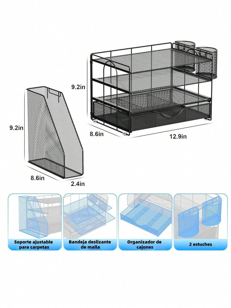 Organizador de Escritorio de 4 Niveles con Compartimentos Verticales, Cajones Deslizantes y Porta Lápices, Ideal para Organizar Documentos, Papeles y Suministros de Oficina en el Día a Día - Negro - Añade 7