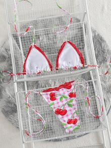 Bộ bikini hai mảnh kiểu dáng tam giác, họa tiết kẻ caro anh đào, viền ren, dây rút, trang trí nơ, gợi cảm, ngọt ngào, dễ thương, thời trang, thích hợp cho Ngày Valentine, dành cho nữ. - Nhiều màu - Xem 3