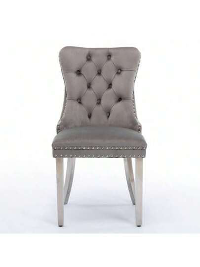 Furniture, Nikki Collection Moderne High End Dining Chairs In Soft, Contemporary Solid Wood Upholstery Fluwelen Padding Chrome Plated Stainless Steel Sheet Legs, Studded Head ation, Double Set, Grijs De1701gy view 6