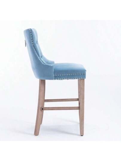 Moderne Fluwelen Upholstered Bar Stool Buttoned Suede Wooden Tafel Legs, Chrome Studded Head Chair, Stool, Set Of Two (Light Blue), DE2002LB view 6