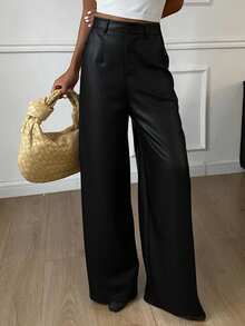 Livesso Pantalones de traje de pierna ancha con bolsillo en ángulo, atuendo de negocios - Negro - Ver 3