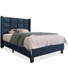 Modern Upholstered Bed With Padded Headboard. Single Slatted Bed, 90 X 200 Cm, In Blue Linen, Medium Firmness (Mattress Not Included). - Blue - View 4