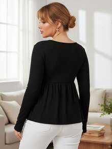Women's Fall Peplum Tops Fashionable Casual Solid Color Long Sleeve V Neck Ruffle Hem Shirts - 黑色 - 查看 6