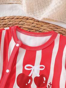 2pcs Cute Cherry Striped Print Beige And Red Long Sleeve Jumpsuit Set, Suitable For Baby Girls, Comfortable Fabric, Suitable For Spring, Autumn And Winter - Multicolor - View 11