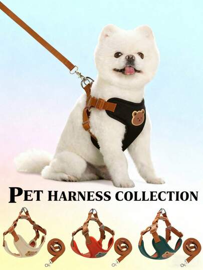 Cute Bear Pet Harness & Leash Set, Dog Vest Harness, Adjustable Breathable Chest Strap, Suitable For Puppies, Kittens And Other Dogs, Includes Harness And Foldable Bowl: Ideal For Feeding And Walking Pets Outdoors