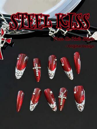 原创设计，手工制作，10件套朋克风亚克力美甲套装，黑色美甲，按压式短款棺材形美甲（按压式尖头、方形、杏仁形美甲），红色美甲，暗黑哥特风，酒红色猫眼，闪亮设计，法式十字元素按压式美甲，铆钉完美点缀。完美展现指尖魅力，提升个人气质。性感女孩、摇滚风、赛博朋克假指甲套装。适合女性和女孩日常佩戴，也适合节日派对，按压式美甲套装，装饰性强，时尚百搭。