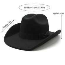 Sombreros Fedora de ala ancha estilo vaquero occidental para hombres y mujeres, estilo retro, con lazo y cinta. - Negro - Ver 7