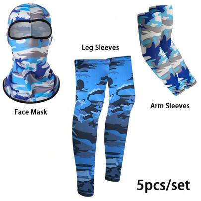 Set de 5 piezas de tela refrescante con protección UV para el verano, que incluye 1 máscara facial, 1 pieza de mangas para los brazos y 1 pieza de mangas para las piernas. Transpirable, elástico, de secado rápido y suave, perfecto para deportes al aire libre, esquí, ciclismo, running y senderismo.