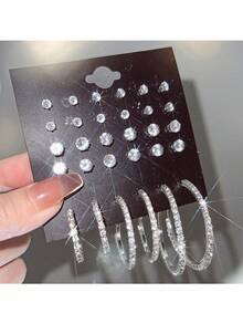 17KM 3-30 件时尚简约闪亮 Bling Bling 夸张环形耳环和耳钉套装，女士节日派对约会日常佩戴高性价比礼物，快速配送，万圣节、圣诞节、情人节、母亲节的最佳选择 - 銀色 - 查看 8