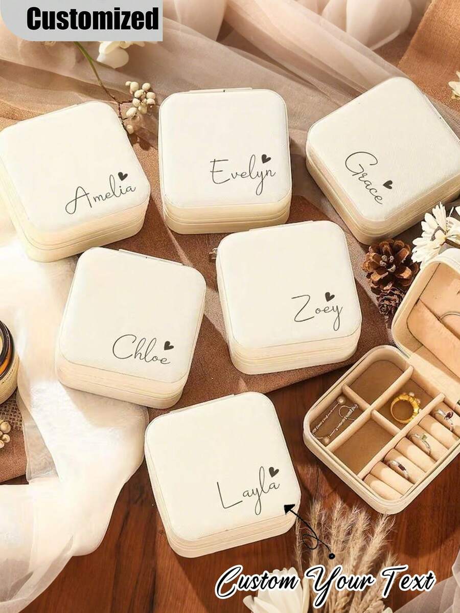 Personalized Name Heart Jewelry Box , Custom Beige Bridesmaid Jewelry Case With Zipper Closure, Fabric-Lined Interior & Compartments, Elegant Travel Jewelry Organizer For Bridesmaid Proposal Gifts, Jewelry Organization, Elegant Jewelry Box , Zipper Closure Box, Bridesmaid Gifts, Jewelry Boxes - 彩色 - 查看 1