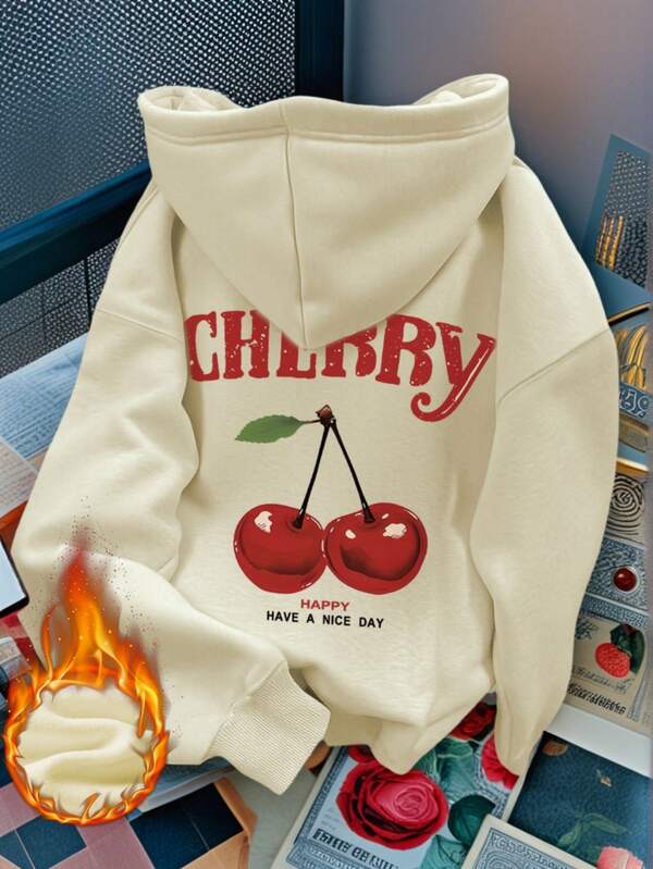 Autumn And Winter Women's CHERRY Cherry Letter Pattern Long Sleeved Hooded Sweatshirt, A Casual And Loose Multifunctional Holiday Style Top, Suitable For Daily Wear In Fashionable Autumn Women's Clothing