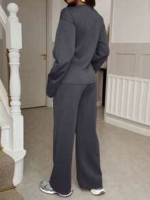 女士两件套，深灰色圆领长袖上衣搭配收腰中长运动裤，优雅女士休闲装 - 深灰色 - 查看 3